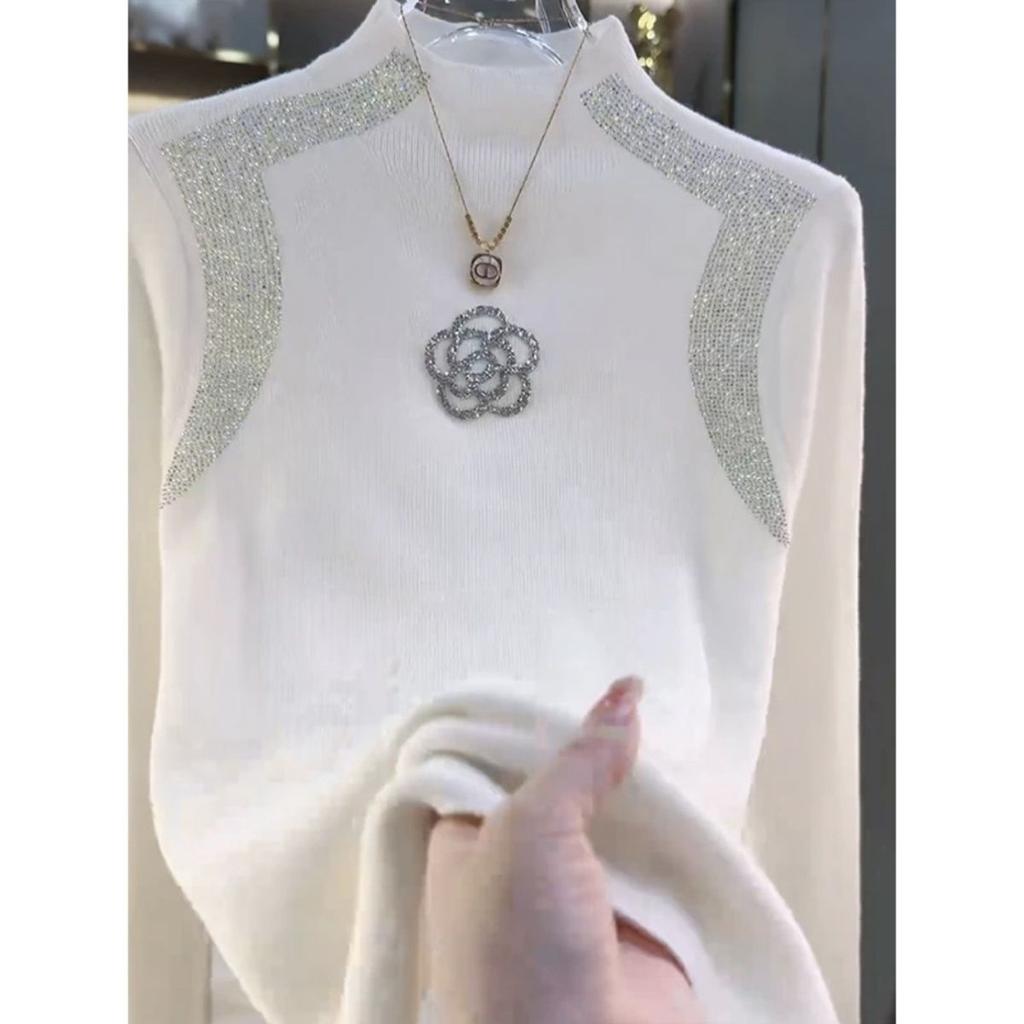 Женский свитер с полувысоким воротником и стразами, однотонный, эластичной вязки, пуловер, осень, зима