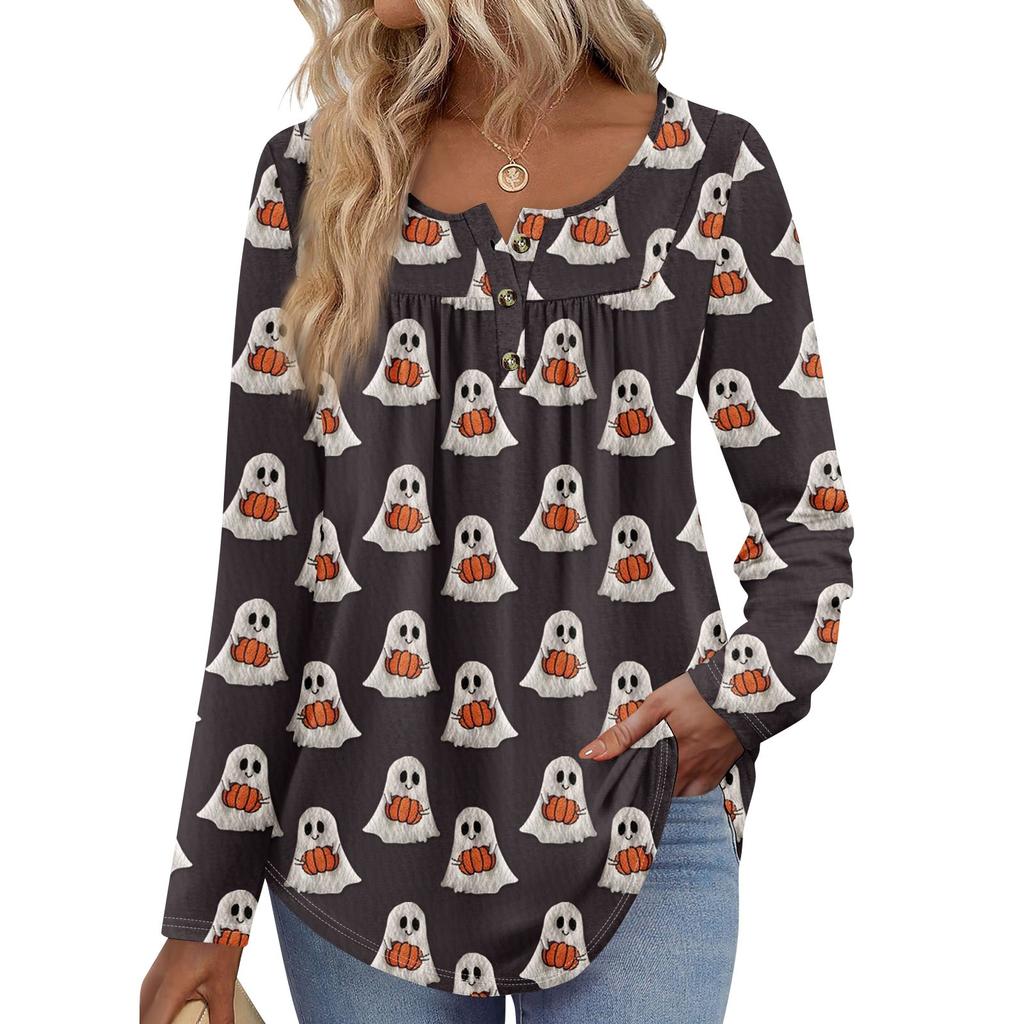 Женская туника с длинным рукавом, свободные топы, повседневные топы оверсайз, плиссированная туника, застегивающаяся на пуговицы, повседневные женские топы с принтом