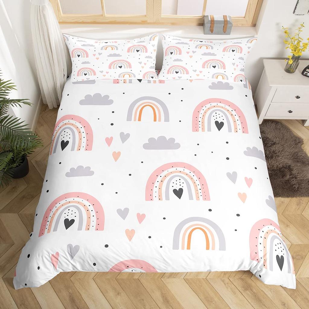 Lovely Rainbow Duvet Cover Sun Crown Cloud Rain Bedding Set Stick Figure Art Comforter Cover Kids Bedroom Polyester Quilt Cover