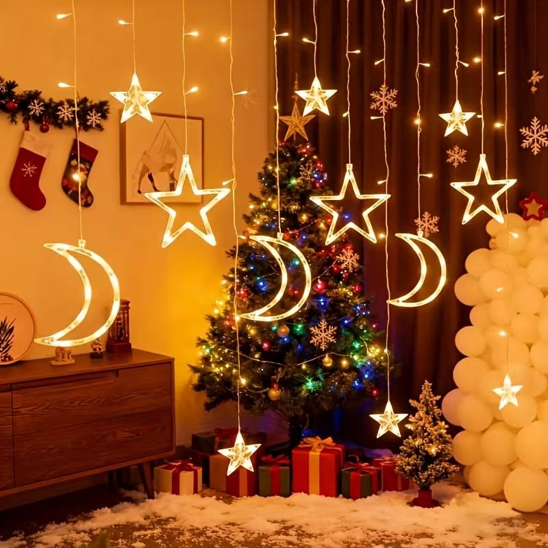 Christmas Curtain Light USB Powered Warm White Multicolor LED Star Moon String Light for Bedroom Window Xmas Decor New Year Gift
