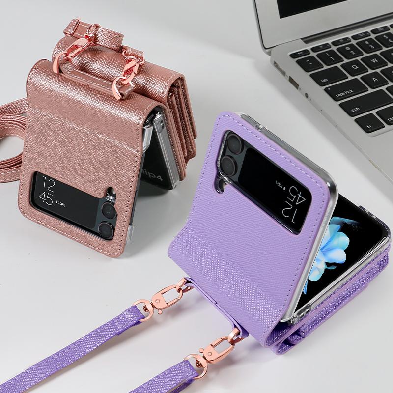 Кожаный чехол-кошелек с ремешком через плечо для Samsung Galaxy Z Flip 4 Flip3 5G Funda, роскошный кошелек-кошелёк-кошелёк, держатель для карт, чехол для телефона
