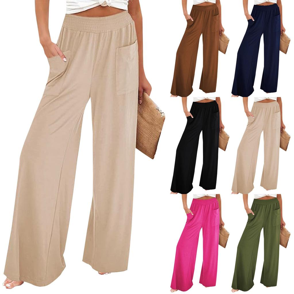 Women's Solid Color Casual Loose Pocket Hip-lifting Slim High Waist Wide Leg Pants