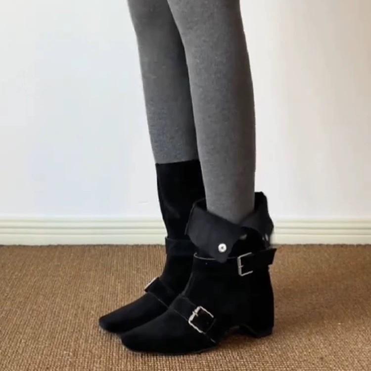 Версия из коровьей кожи~ ретро нишевый темперамент квадратный носок внутренняя высота увеличение ремень с пряжкой ковбойские сапоги вестерн женские складки два способа носки короткие сапоги