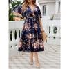 Summer Women's Dress V-Neck Navy Blue Printed Large Size Dress