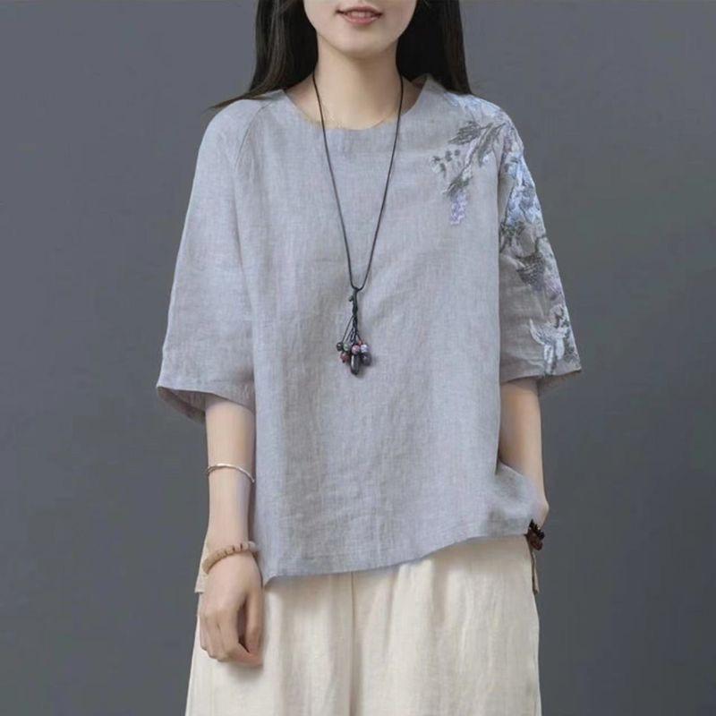 Льняной топ женский свободного кроя, художественный винтажный костюм в китайском стиле, вышивка, большой размер, повседневная футболка на лето