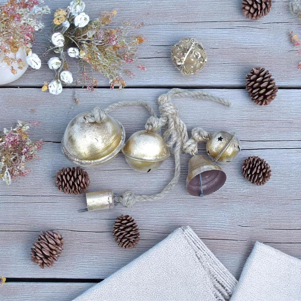 Деревенский золотой металлический колокольчик 22 дюйма длиной с 5 колокольчиками смешанной формы, подвесной декор из джутовой веревки ручной работы для сада и дома