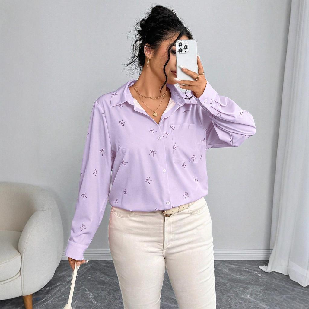 Новая женская рубашка-куртка большого размера, осенняя свободная повседневная рубашка с длинным рукавом и принтом в виде банта