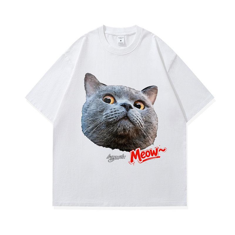 Men'S T-Shirt Street Retro Cat Digital Direct Injection Printing Pod Custom Cotton Washed Short-Sleeved T-Shirt Men