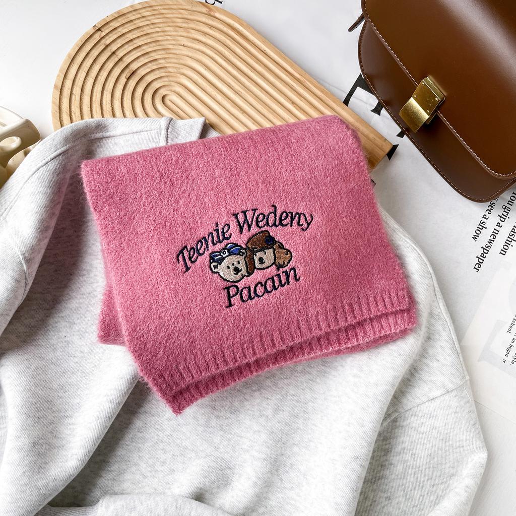 Cute Woolen Bear Scarf Embroidered Knitted Scarf For Women Winter Advanced Warm And Cold-Proof Versatile Student Woolen Scarf