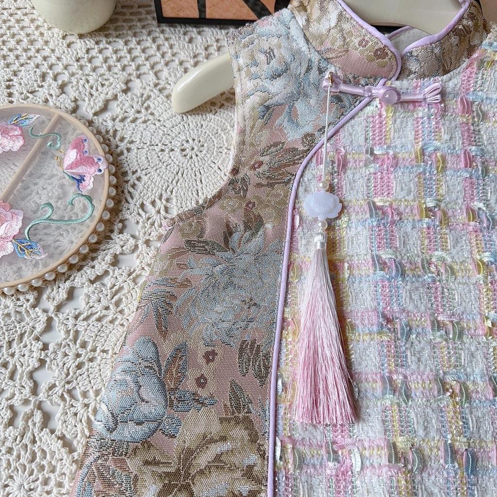 Зимнее платье ханьфу ципао без рукавов для девочек с сетчатой юбкой