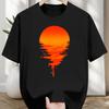 Men's Heavyweight 180gsm Crew Neck T-Shirt- Vibrant Orange and Red Sunset Pattern Print, Breathable Summer Casual T-shirt