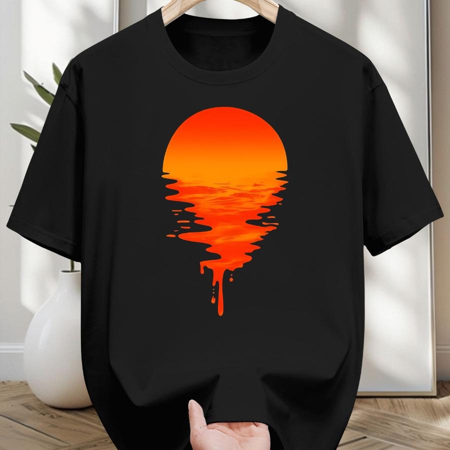 Men's Heavyweight 180gsm Crew Neck T-Shirt- Vibrant Orange and Red Sunset Pattern Print, Breathable Summer Casual T-shirt