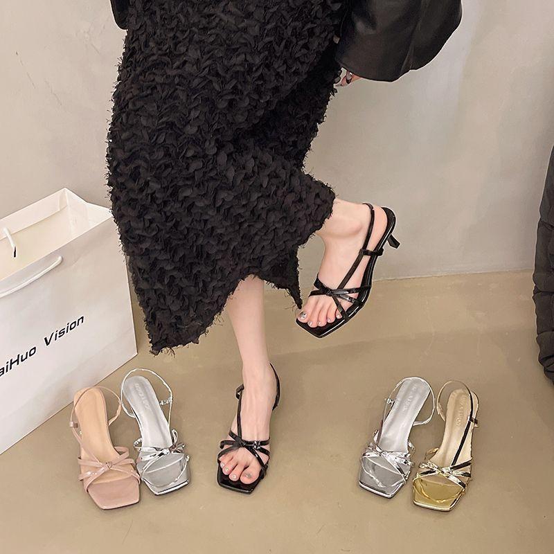 Internet Celebrity Temperament Thin Belt Cross Heeled Sandals 2025 Fairy Style Summer French Celebrity Thin Heel Open-toe High Heels