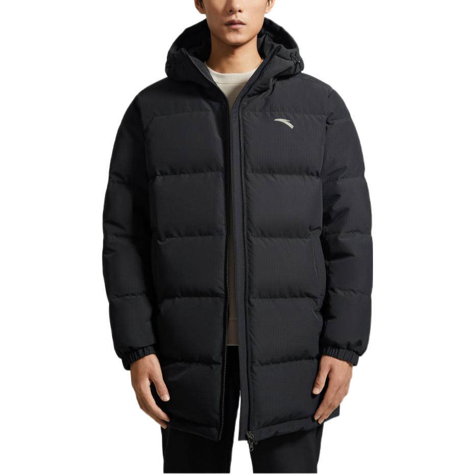 Anta FW22 Сплошной цвет с принтом логотипа, длинный пуховик на молнии с капюшоном, мужская верхняя одежда, черный 952247976-2