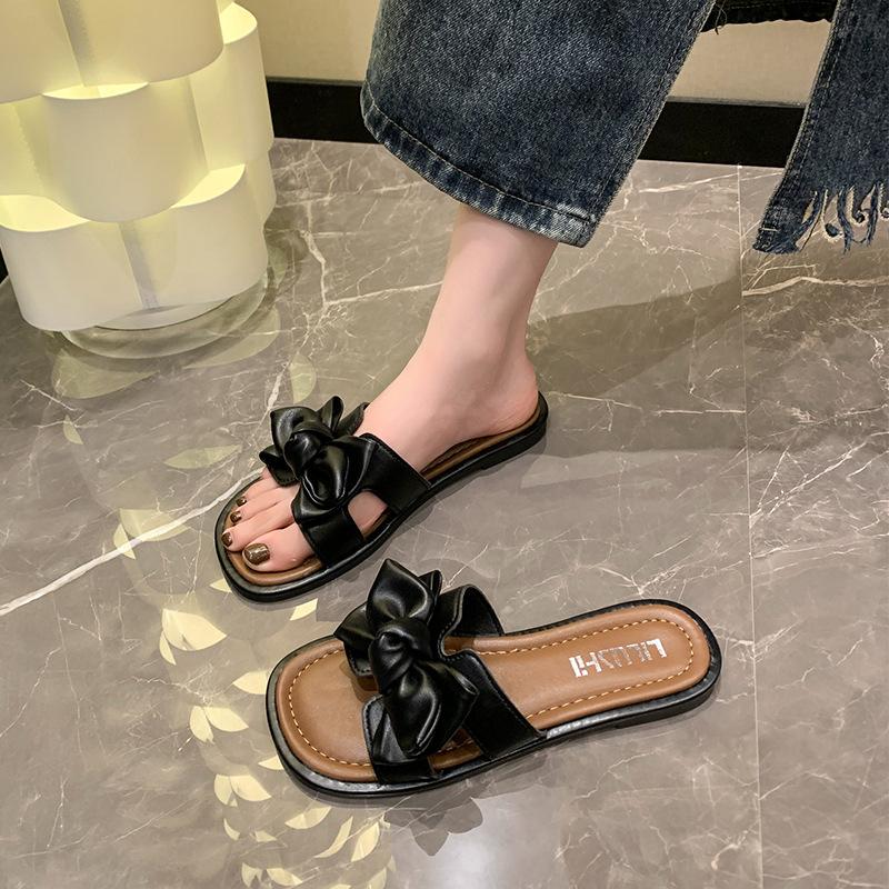 Модные мягкие цветочные тапочки с толстым дном и открытым носком, женские летние корейские сандалии на плоской подошве с бантом, противоскользящие сандалии De Mujer Verano 2024