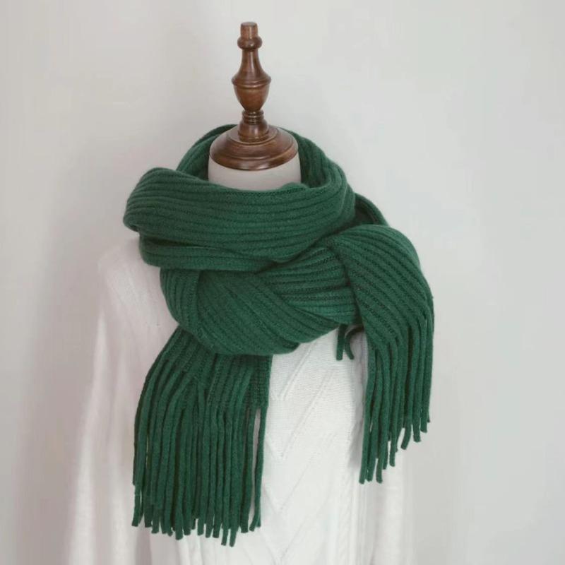 Winter Long Scarf Women's Simple Fringed Shawl with Imitation Cashmere Windproof Warm Solid Color Scarf