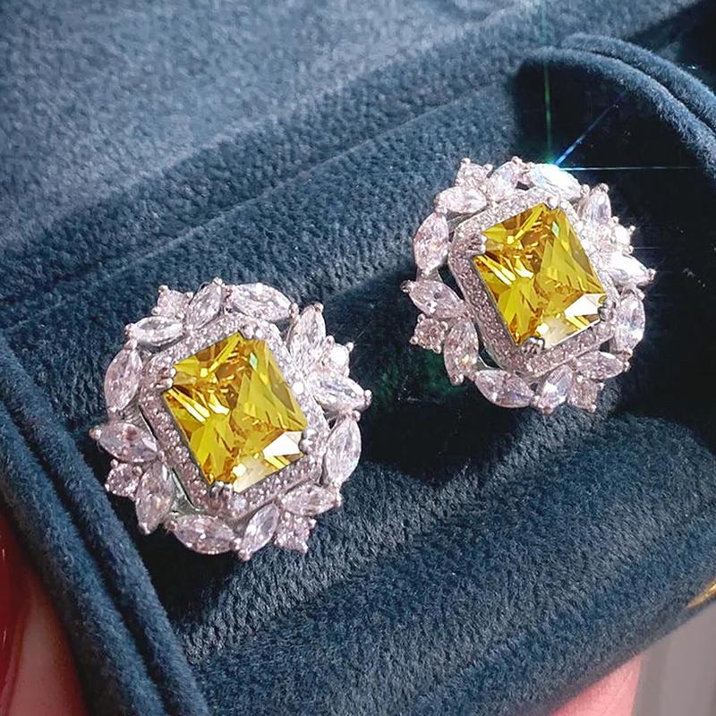 Luxury Green/Pink/Yellow/Red CZ Stud Earrings Women for Engagement Wedding Party Silver Color Fashion Design Jewelry Gift
