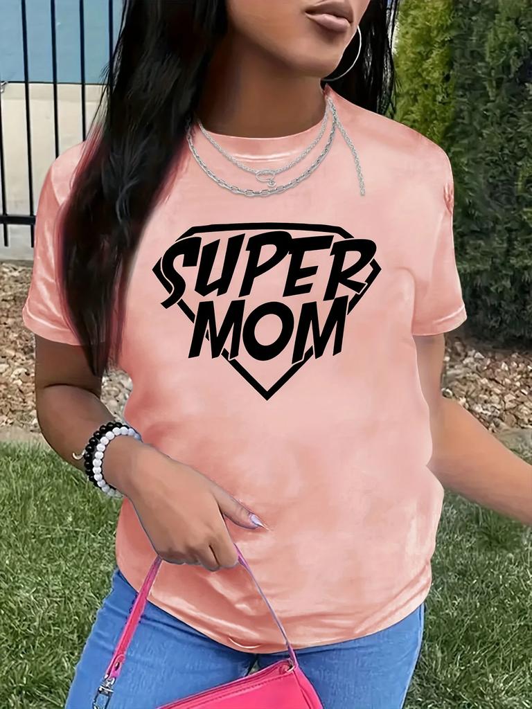 SUPER MOM Письменный Принт Женская Футболка Короткий Рукав Круглый Вырез Повседневный Топ Для Лета и Весны Женская Одежда Женские Топы Футболки