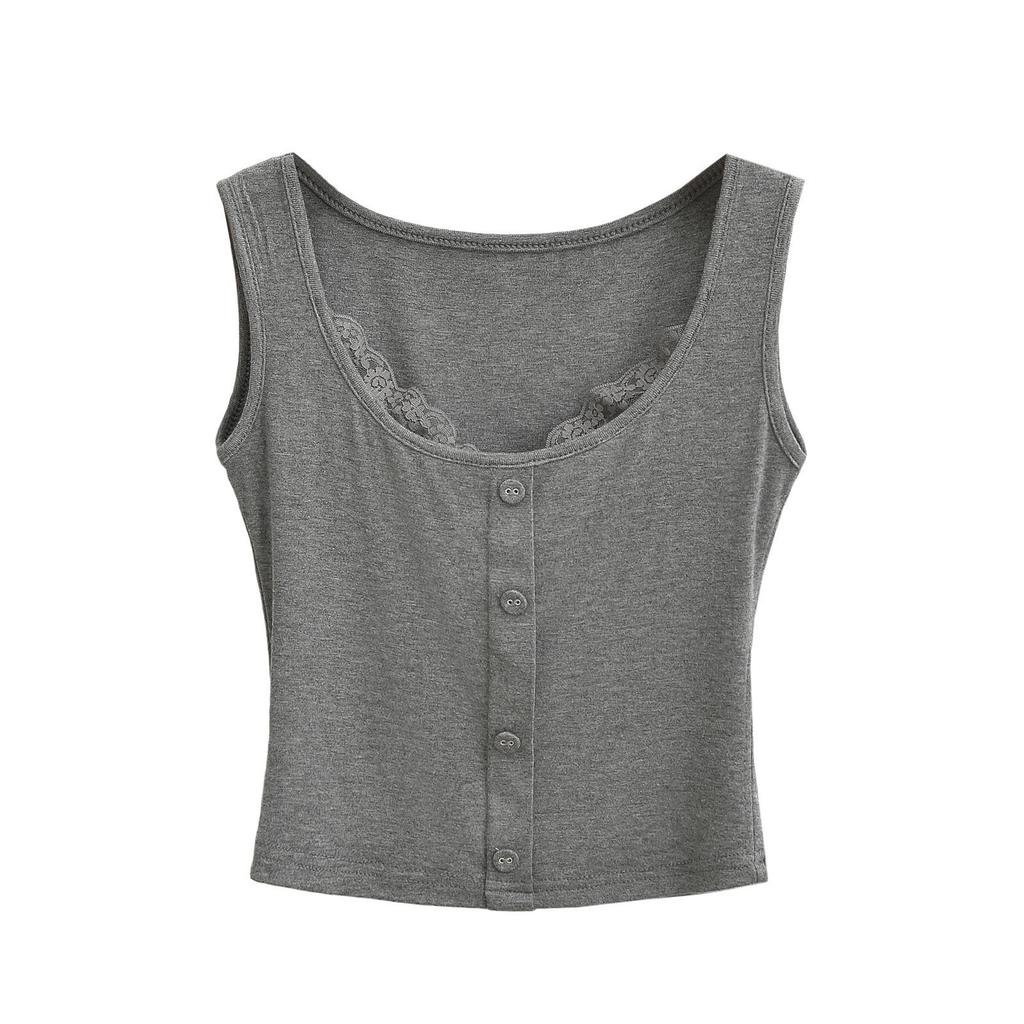 Летний кружевной кроп-топ-майка 2024 - Женский двухпредметный дизайн без рукавов с круглым вырезом