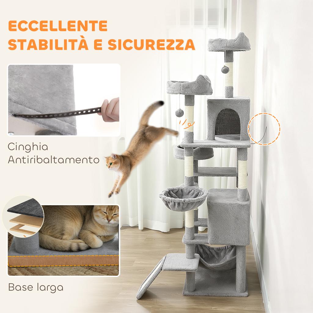 Cat Tree with Ladder, 2 Hammocks, 3 Perches, 2 Houses and 3 Platforms, 48x48x192 cm, Grey and Cream