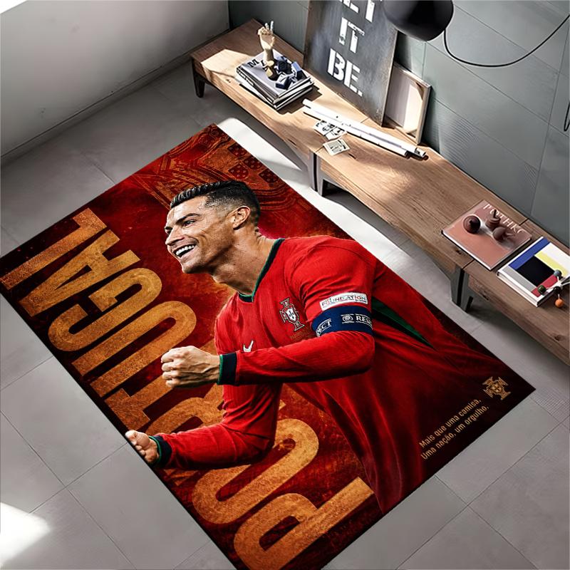 Soccer Star Area Rug, Cristiano Ronaldo Portugal National Team Red Celebration Print, Football Fan Living Room Decor, Non-Slip Mat