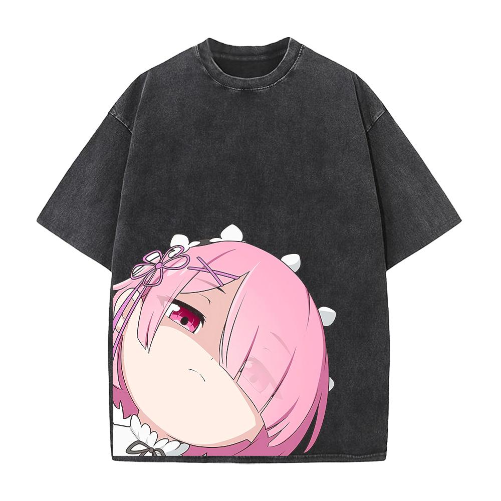 Manga Re:ZERO Ram Kawaii Printed Tee Men Women Short Sleeve Clothing Washed Cotton T-shirt Retro Casual T Shirt Harajuku Tshirt