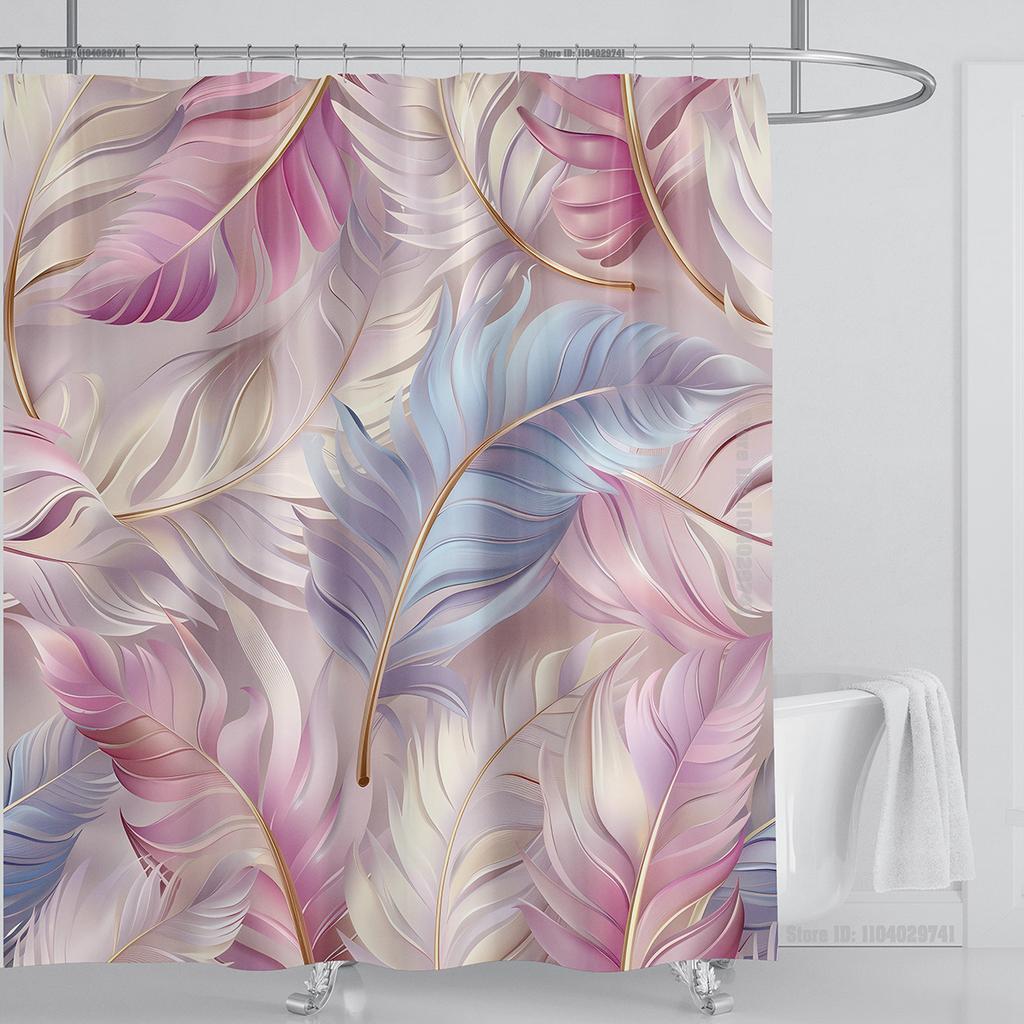 3D Feather Shower Curtain Set Colorful Printed Design Fabric Bathroom Decoration Waterproof Washable Shower Curtain with Hooks