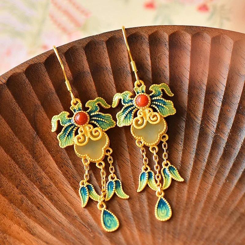 Natural Hetian White Jade Enamel Porcelain Tassel Earrings for Women Ancient Gold Craftsmanship Ancient Rhyme Court Jewelry