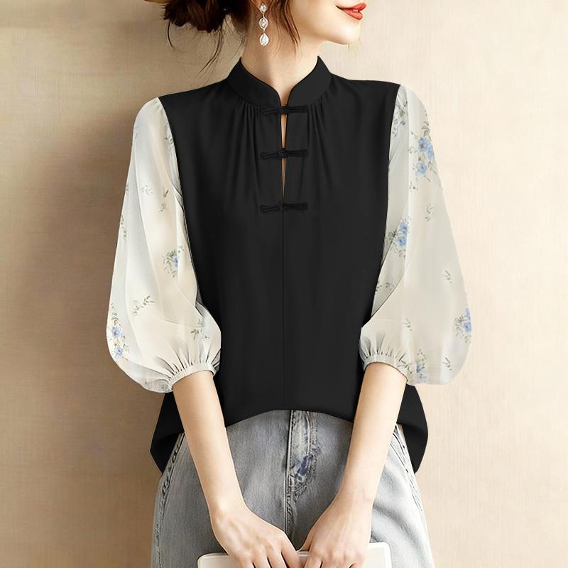 ZANZEA Женская повседневная блузка свободного кроя с воротником-стойкой и рукавами 3/4