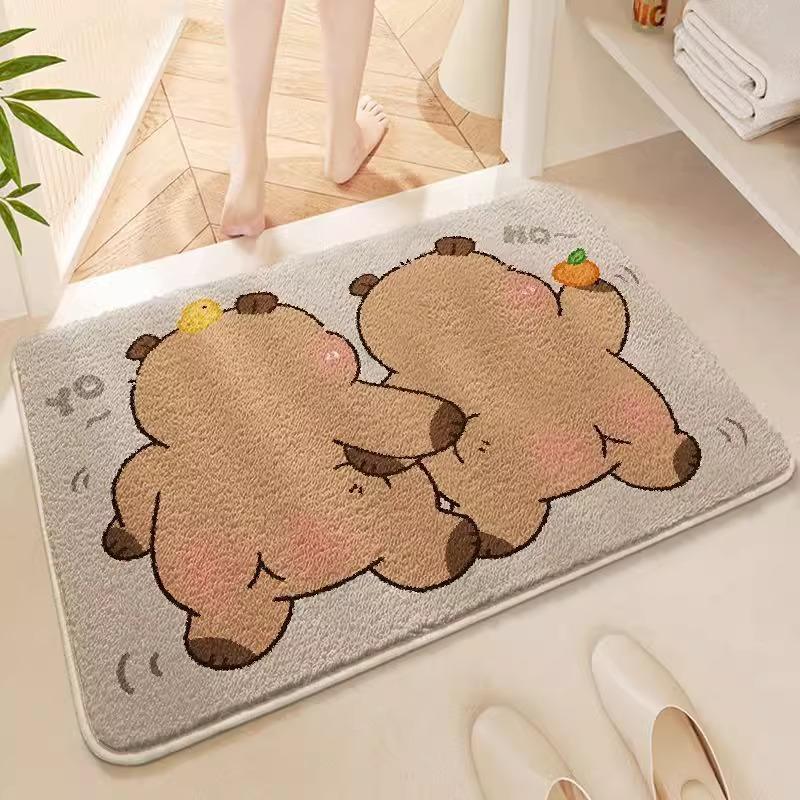 Cute Cartoon Kapibara Imitation Cashmere Floor Mat Bathroom Door Floor Mat Thickened Bedroom Absorbent Non-slip Floor Mat