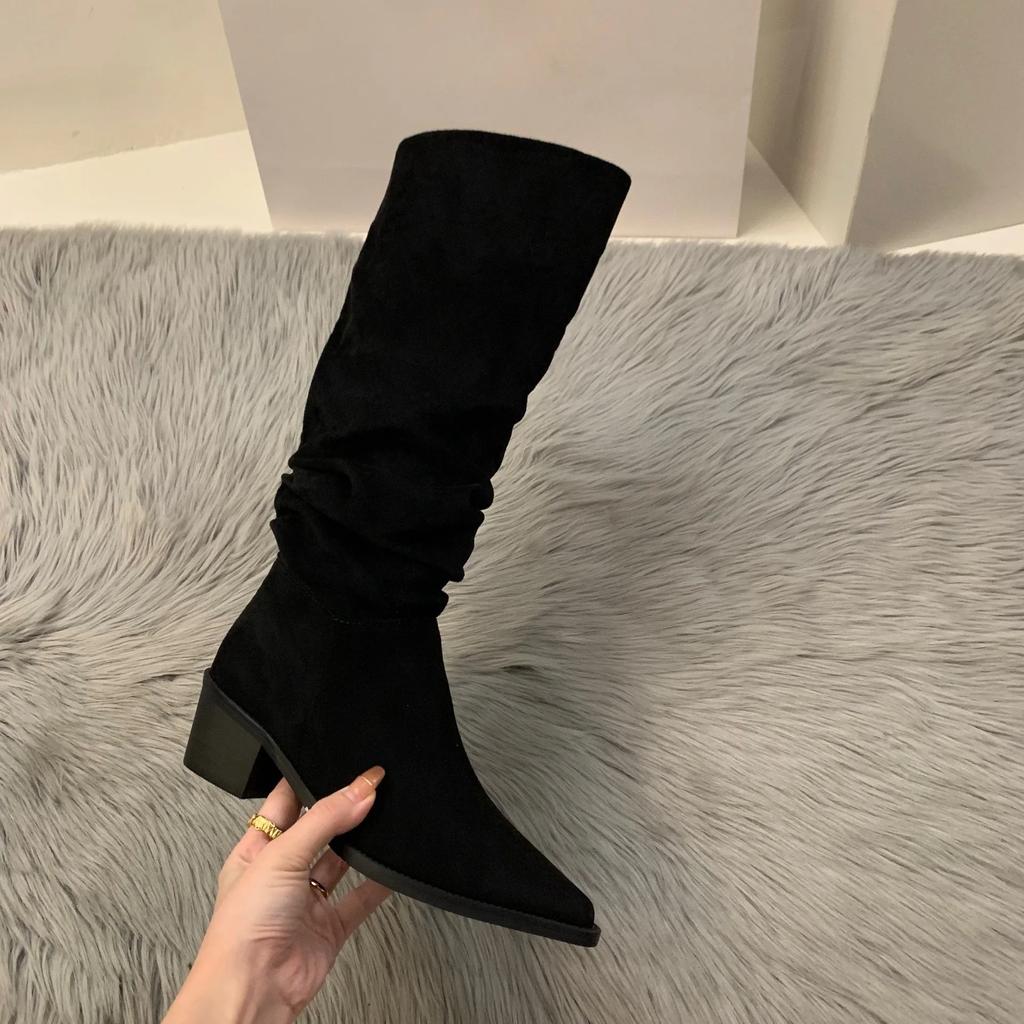High Heeled Suede Western Mid Length Boots Women's Shoes New Autumn and Winter with Suede Pointed Pile Long Leg Knight Boots