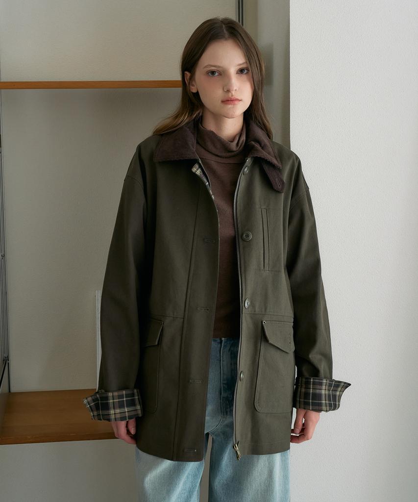 DEHEVE Check Sleeve Work Jacket [Khaki]