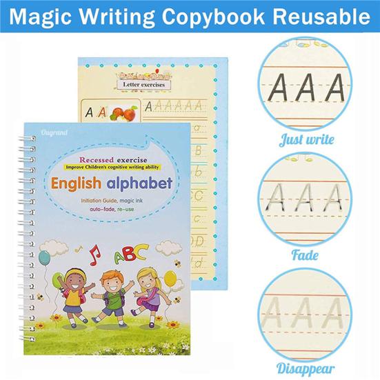 4Pcs/Set Grooved Copybook Handwriting Workbook Kit with Letters Numbers Tracing Reusable Math Drawing Practice Book for Kids