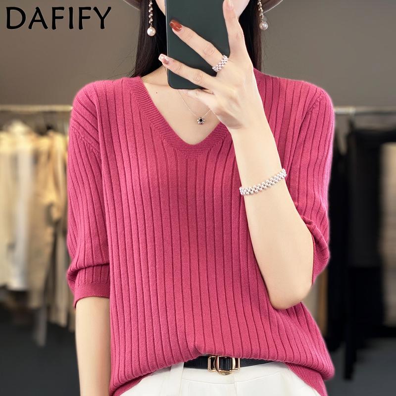 DAFIFY Women's Fashion Casual Summer Spring Solid Color Print Short Sleeve V-Neck Blouses & Shirts