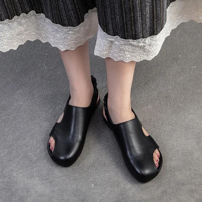 Johnature Hollow Out Breathable Comfortable Flat Sandals Retro Genuine Leather Casual Women's Shoes