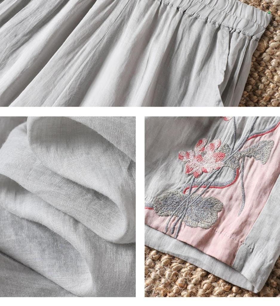 Женские ретро хлопково-льняные широкие брюки с вышивкой 2024 - Летние легкие повседневные брюки длиной до щиколотки.