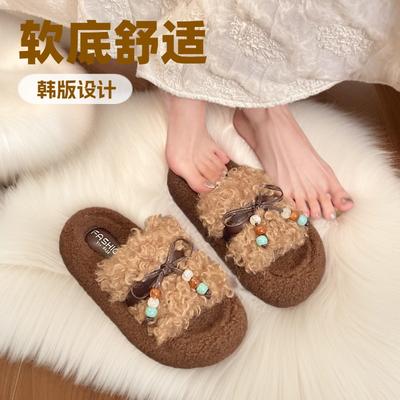 Тапочки из овечьей шерсти с толстой подошвой и бантом с бусинами, женские, 2025, осень и зима, корейская версия, теплые и нескользящие, хлопковые тапочки, тренд