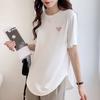 Round Neck Pure Cotton New Front Shoulder Short-sleeved T-shirt Summer Loose Women Curved Hem Mid-length Top