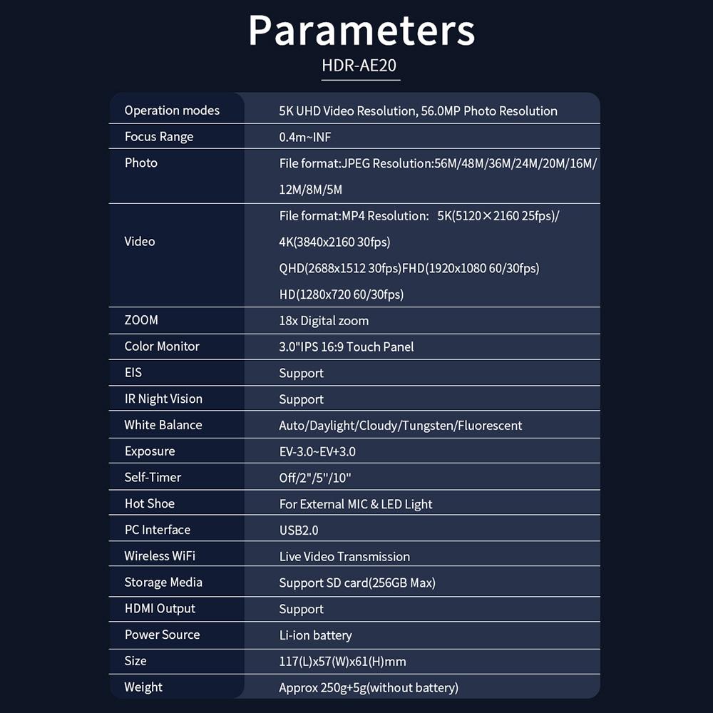 Ordro Цифровая видеокамера HDR-AE20 5K, Wi-Fi, видеокамера, DV-рекордер, 3,0-дюймовая сенсорная панель IPS, 56 МП, 18X