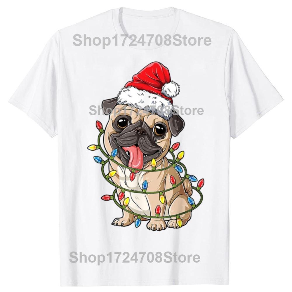 Christmas Pug With Christmas Lights Santa Hat Xmas Pug Dog T Shirt Mens Cotton Oversized Printing T Shirts Harajuku Tshirt