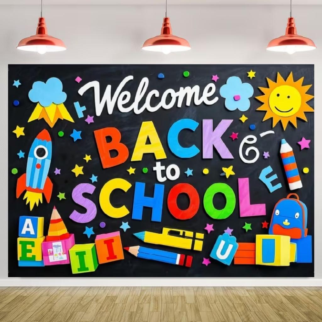 Welcome Back To School Backdrop Blackboard Chalk Figure Scene Children Graduation Party Decoration Background Photography Props