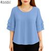 Women Casual Round Neck Loose 3/4 Sleeve Plain Blouse