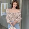 Women Retro Floral Print Square Collar Sweet Long Sleeves Chiffon Shirt Blouse