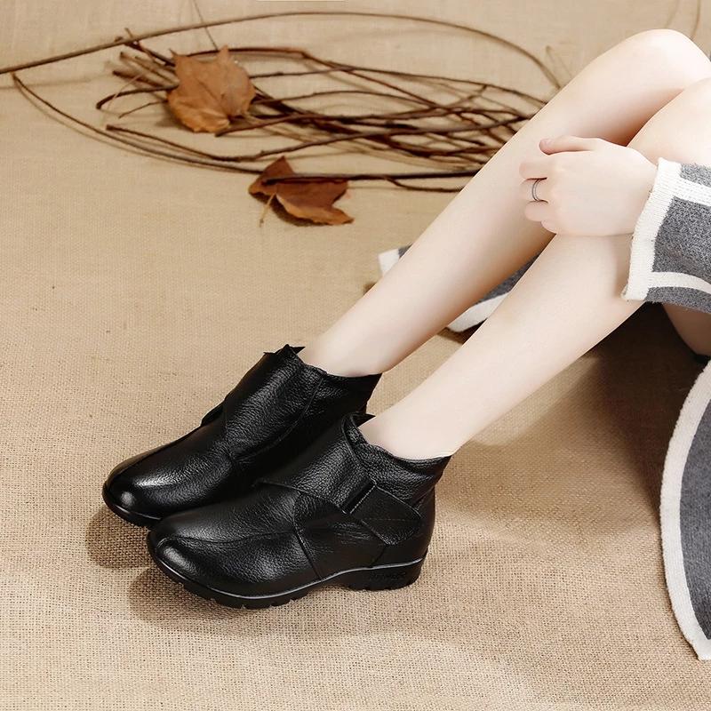 Новые осенние ботинки женские ботинки зимние ботильоны из натуральной кожи женские ботинки на липучке на плоской подошве для мамочек нескользящие зимние ботинки с хлопковой подкладкой