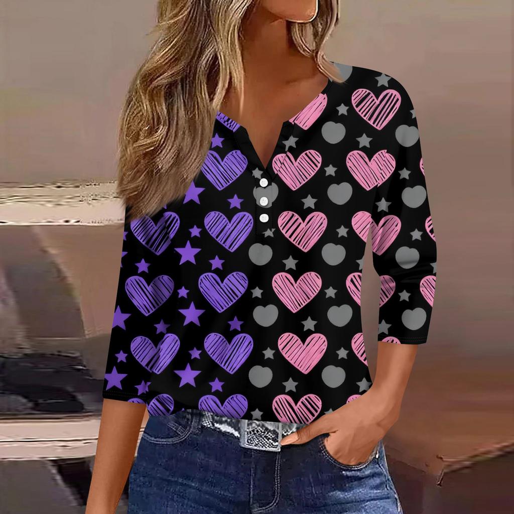Женская модная рубашка на пуговицах с V-образным вырезом, рукавом три четверти, с принтом ко Дню святого Валентина