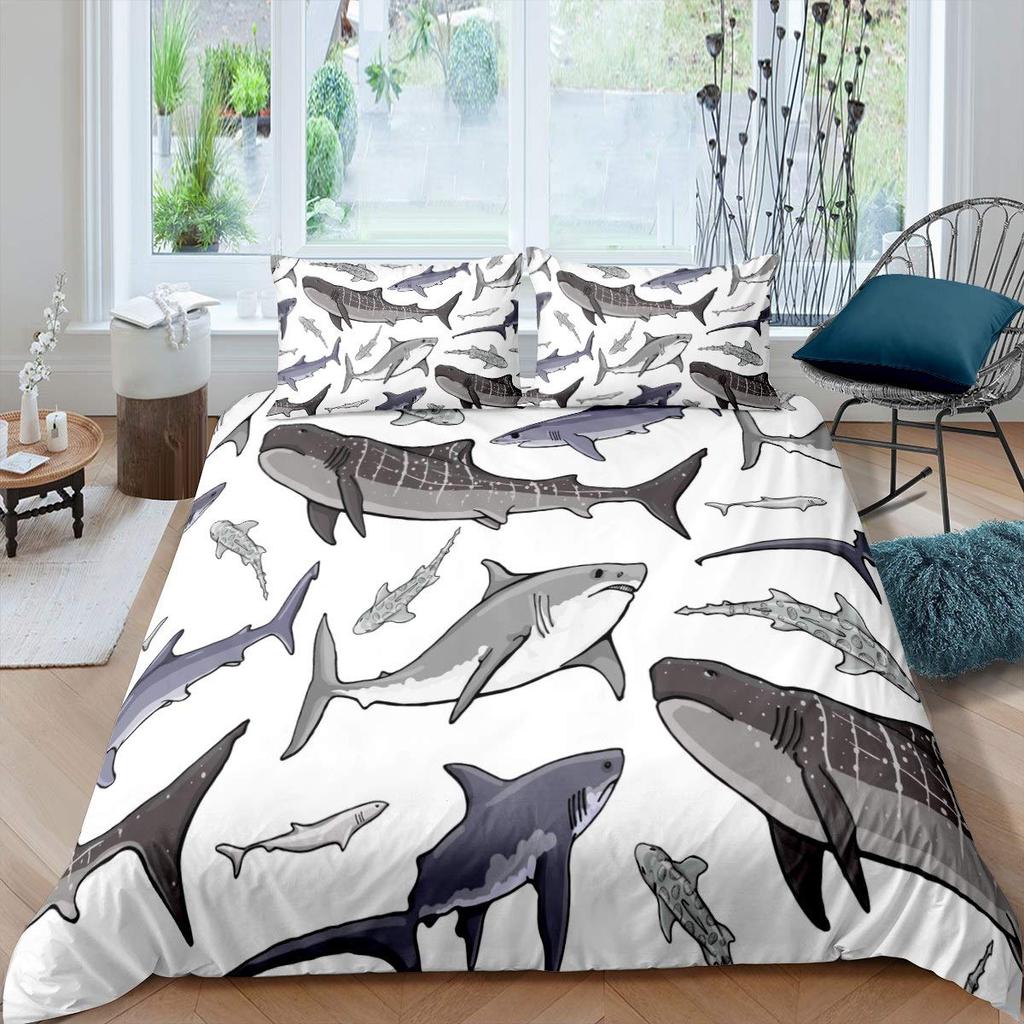 Teens Shark Duvet Cover Ocean Life Pattern Bedding Set for Kids Boys Girls Adult Dolphin Whale Comforter Cover Twin Queen Size