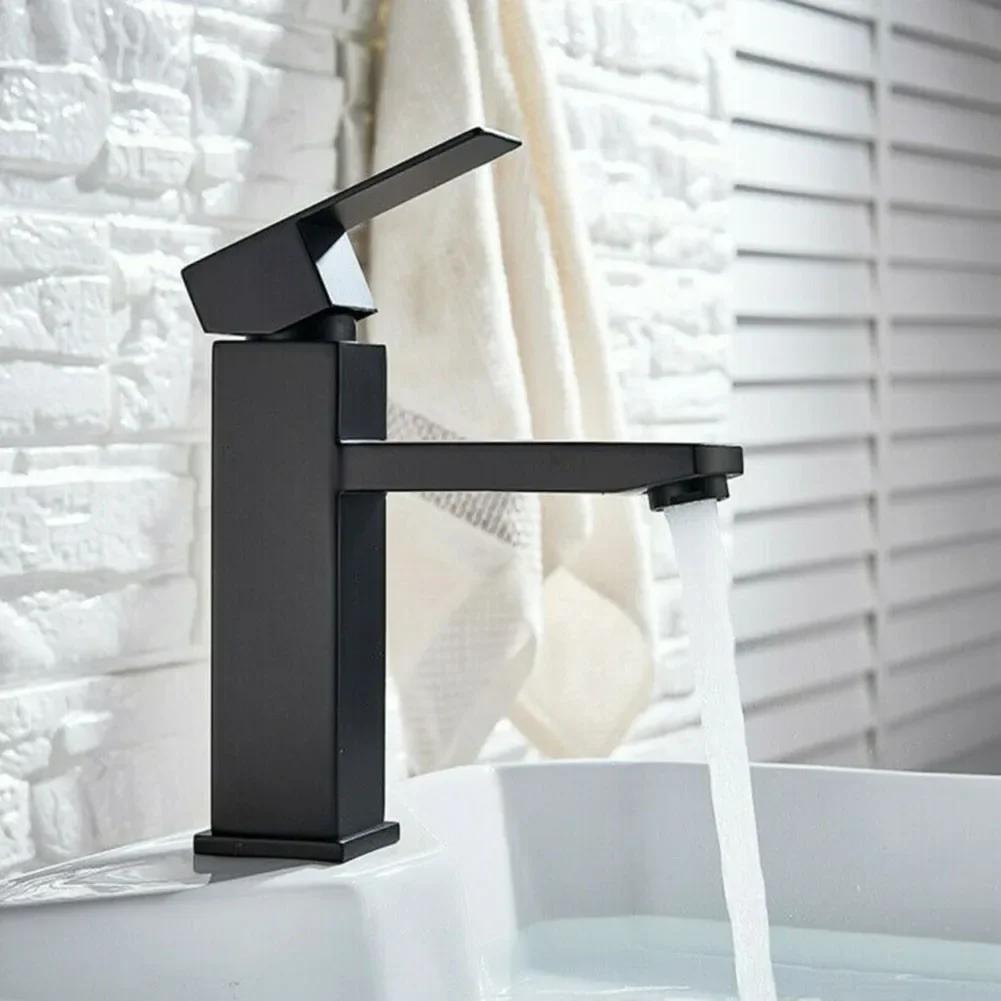 Black Bathroom Faucet Hot Cold Water Sink Mixer Tap Stainless Steel Paint Square Basin Faucets Single Hole Tapware Deck-mounted