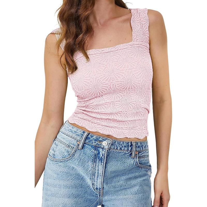 Summer Women's High Stretch Skinny Jacquard Square Neck Sleeveless Vest Women's Tops