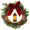 Reusable Holiday Door Hanging Lighted Bird Christmas Wreath with Lantern, Rustic Artificial Velvet Bow Garland Lanterns Berries Pine Cones for