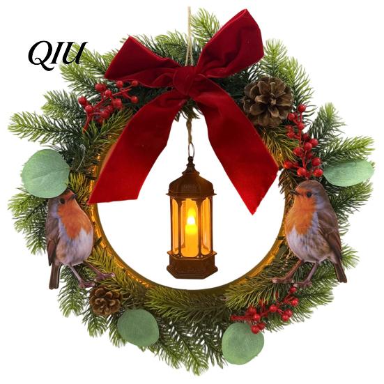 Reusable Holiday Door Hanging Lighted Bird Christmas Wreath with Lantern, Rustic Artificial Velvet Bow Garland Lanterns Berries Pine Cones for
